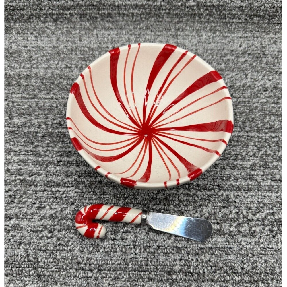 Hallmark Peppermint Dip Bowl With Spreader 5.25"